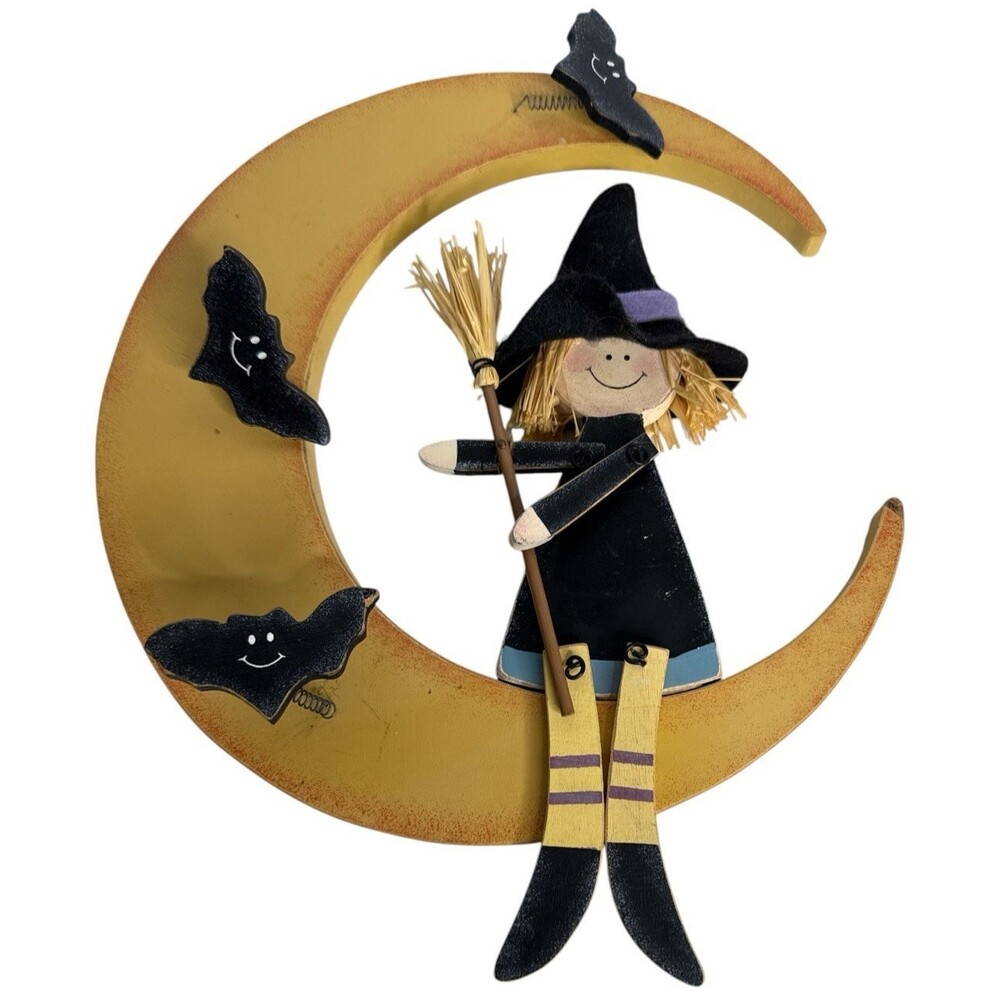 Whimsical Witch Crescent Moon Halloween Wall Decor Spring Bats Wood 13"